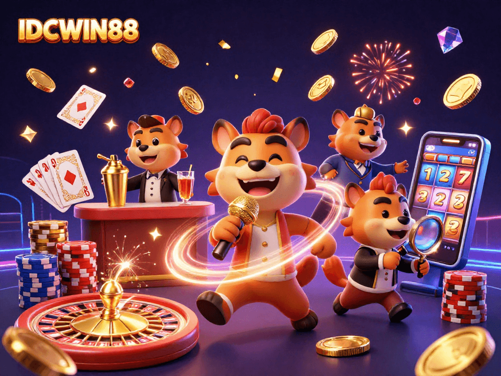 Experience the excitement of IDCWIN88 with lively hyenas in a rich casino scene.
