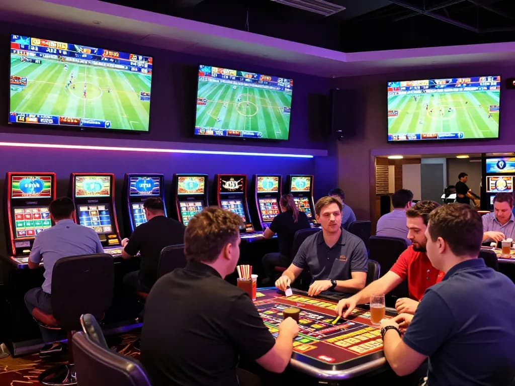 Exciting sports betting action at mk8th casino, featuring live games and enthusiastic bettors analyzing odds.