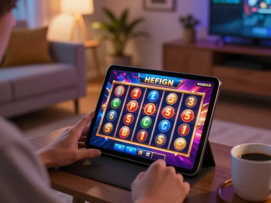 Engaging experience playing slot games on a tablet in a cozy home setting
