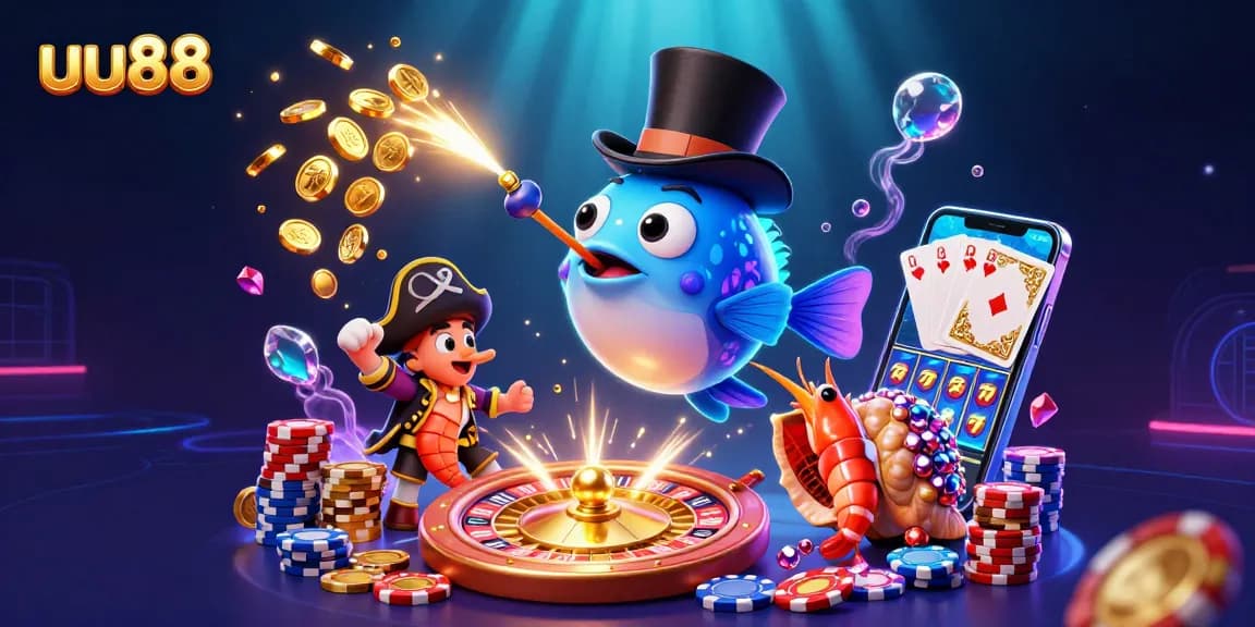 uu88 casino scene with anglerfish, shrimp, and snail, featuring gold coins and casino elements.