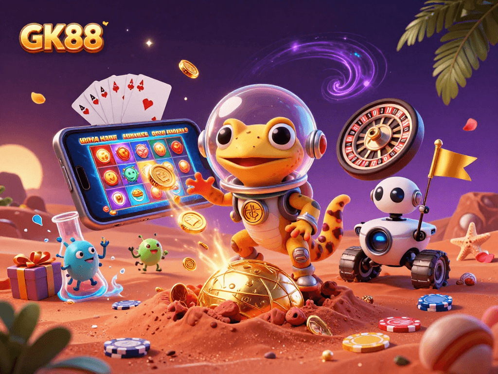 Engage in thrilling GK88 gambling adventures with a Martian gecko unveiling a golden casino!