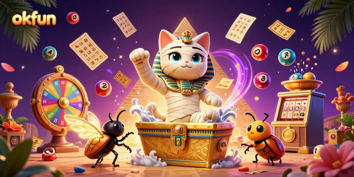 Spin the luck with okfun at a vibrant pyramid casino featuring glowing characters and festive game elements.