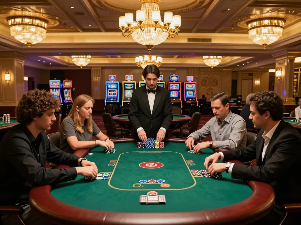 LUCK8 players strategizing at a poker table, showcasing high stakes and an upscale casino ambiance