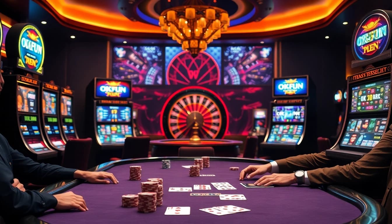 Engaging poker players enjoying games at OKFUN casino surrounded by vibrant slot machines.