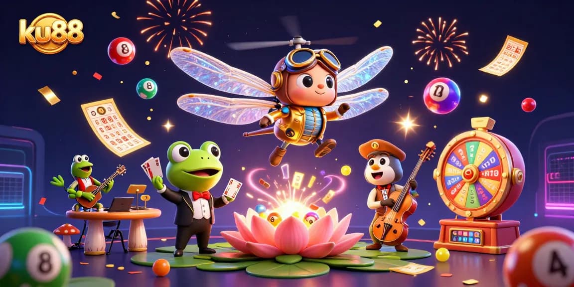 ku88 engages gamblers with an animated scene of a frog croupier and colorful lottery elements
