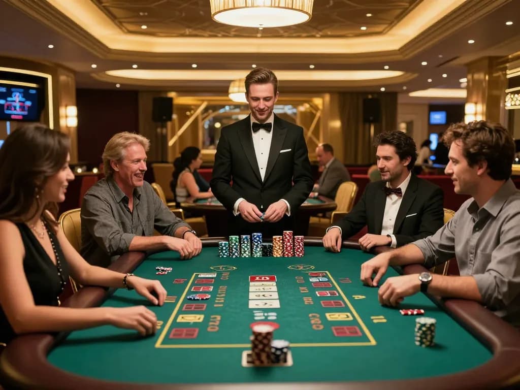 Players enjoying a game of blackjack at TIP88 casino with warm lighting and elegant decor.