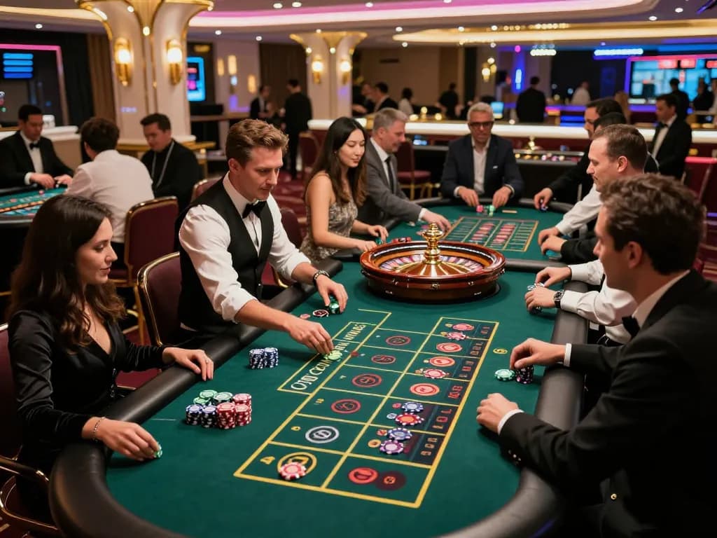 Players engaged in thrilling roulette gameplay at QQ 88 casino, vibrant atmosphere and colorful chips.
