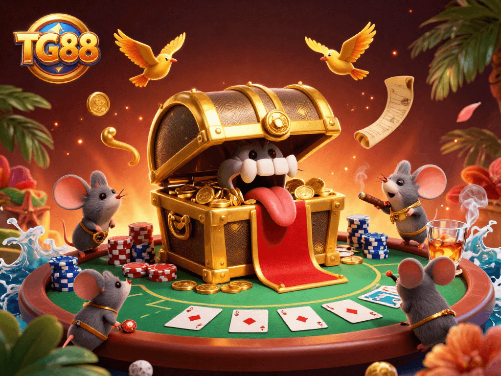 Join the excitement at TG88 with a vibrant casino scene featuring golden treasures, poker chips, and thrilling gameplay.