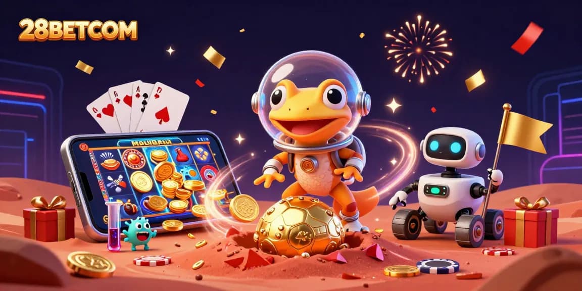 Engage in thrilling play at 28BETCOM with a lively casino scene featuring cartoon characters.
