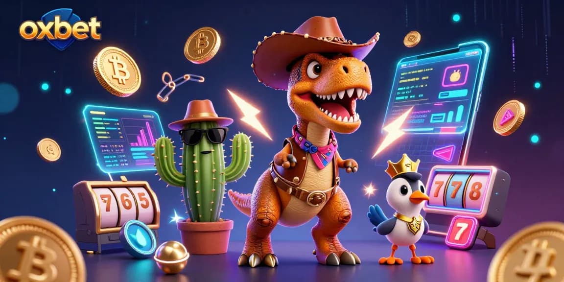 Play exciting casino games at oxbet with fun characters and vibrant crypto elements.