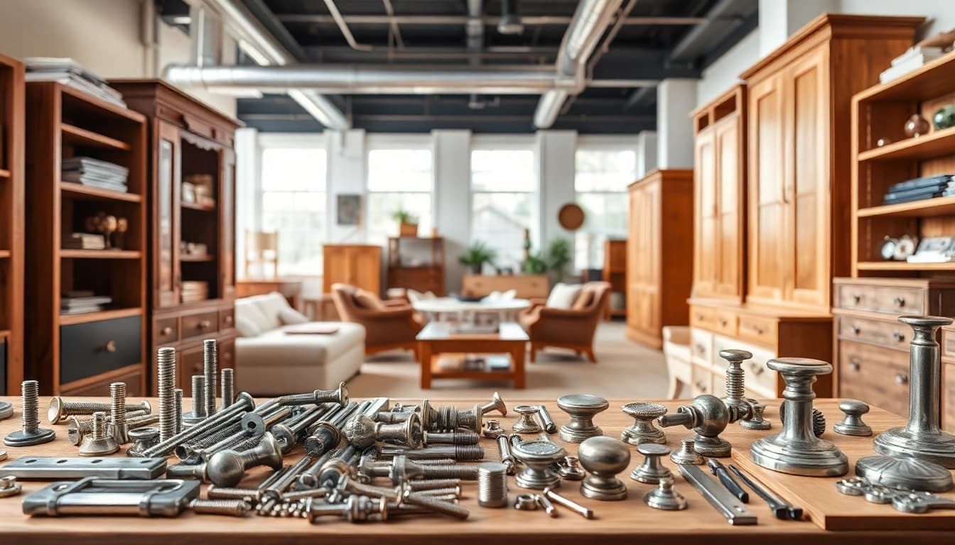 Showcase of a furniture hardware supplier displaying various quality components that enhance furniture design.