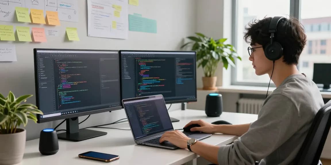 Developer in a modern tech workspace engaged in coding while exploring the Telegram download options on a dual monitor setup.