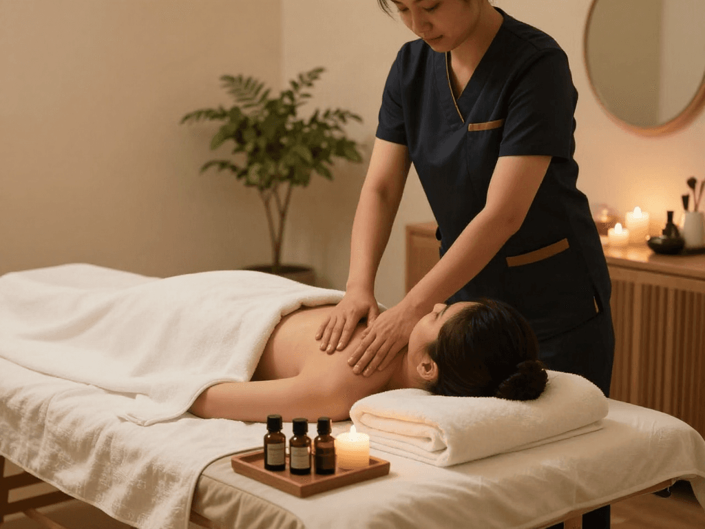 부천출장안마 therapeutic massage session in a serene room with calming ambiance