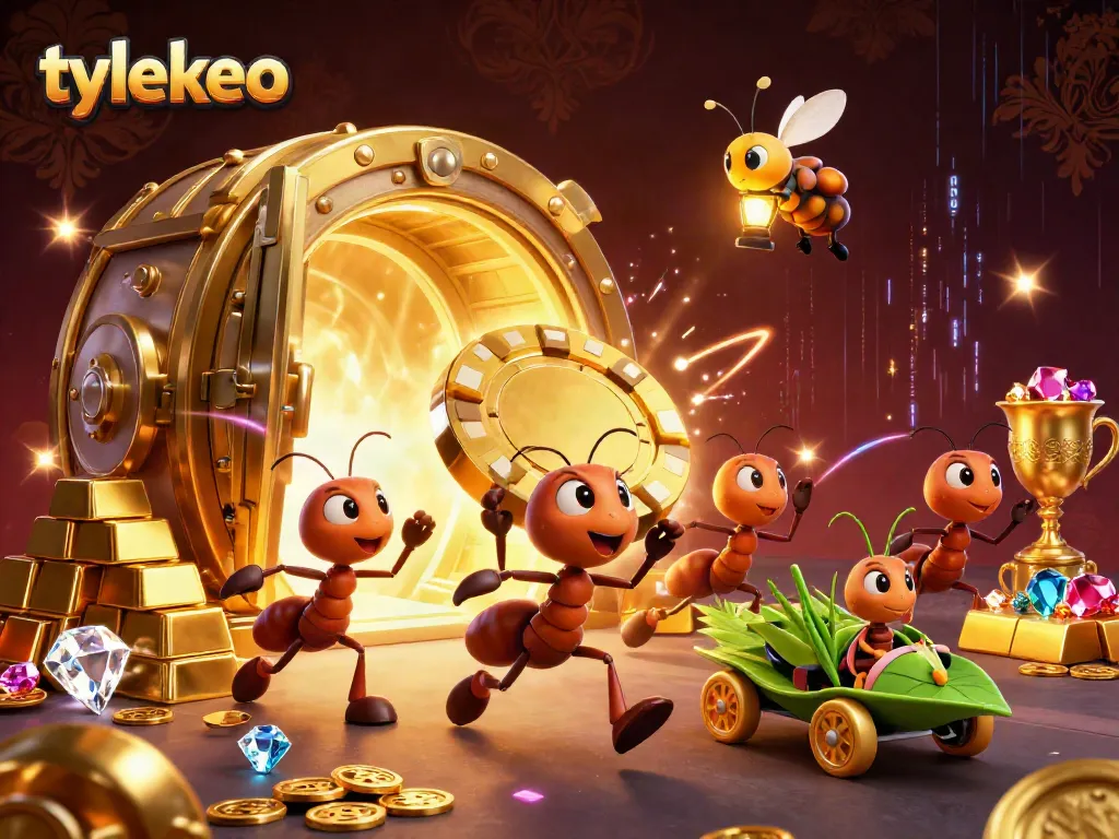 Experience the thrilling tylekeo adventure with ants heisting a giant poker chip in this 3D scene.