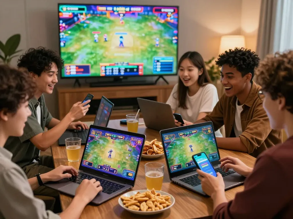 Exciting group of friends engaging with VN88 online betting platform in a lively and inviting atmosphere.