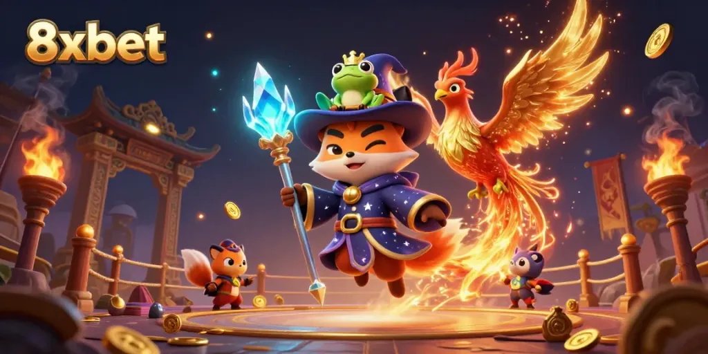 Engage in thrilling gameplay at 8xbet, captured in a vibrant illustration with a mystical fox and phoenix.