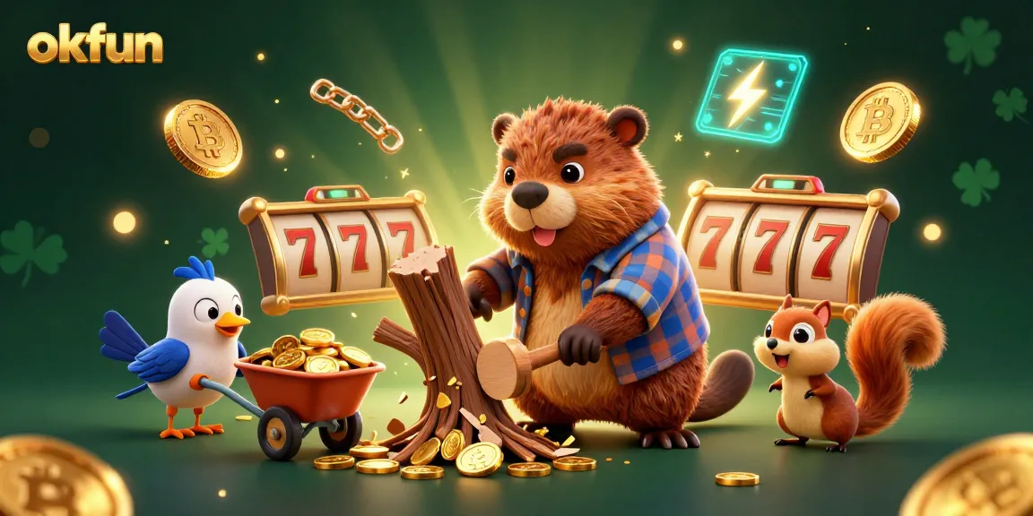 Experience winning moments with okfun as a beaver gathers coins amidst casino slots and golden treasures.