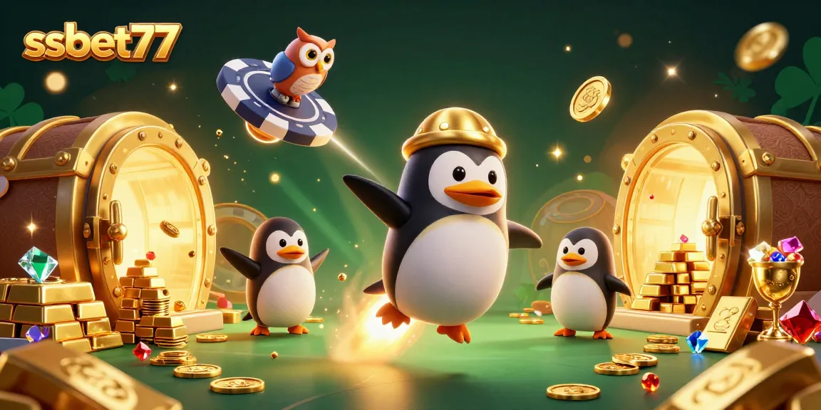 Experience the excitement of winning at ssbet77 with a dynamic casino-themed 3D illustration of a golden penguin in space.