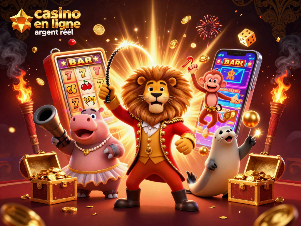 Des jeux de casino en ligne argent réel animés par un lion maître de cérémonie dans une scène colorée et festive.