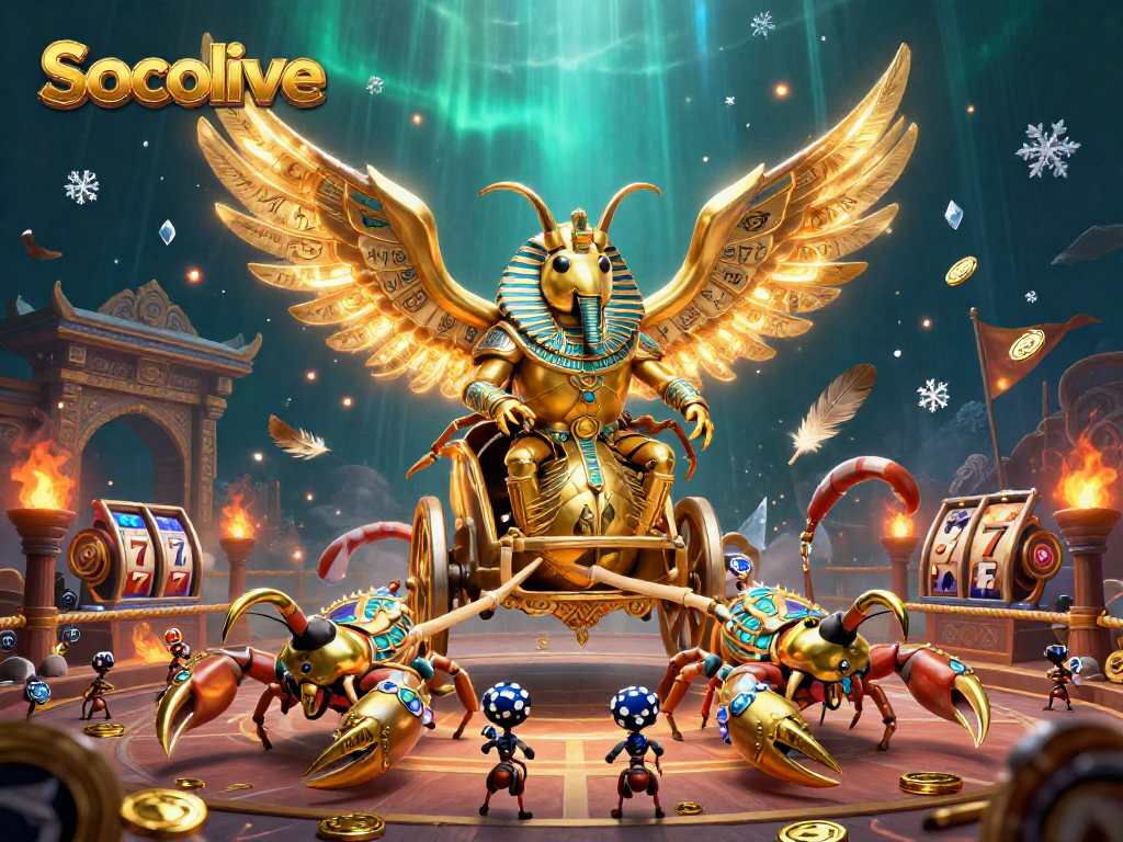 Socolive offers immersive casino gaming with a dynamic illustration of golden scarab beetle and lively poker action.