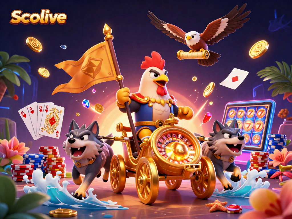 Socolive casino scene featuring a rooster warlord, overflowing coins, and dynamic gaming elements.