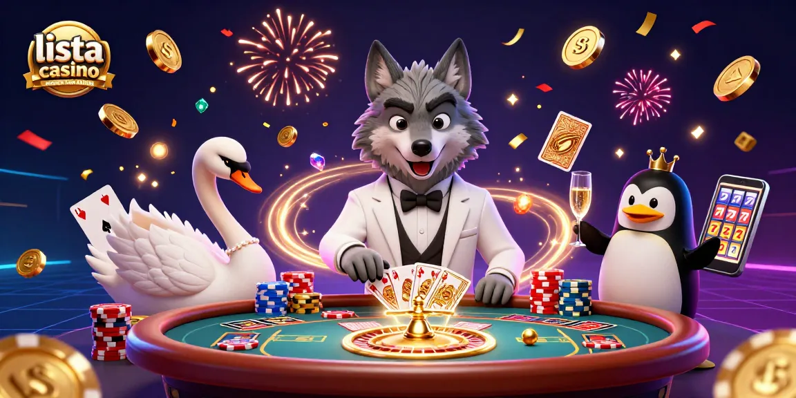 Scopri la lista casino online non AAMS con un lupo elegante e un cigno che distribuiscono carte al tavolo.