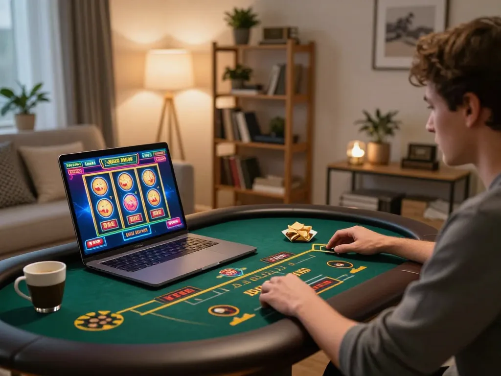 Player enjoying go99 online casino gaming on a laptop at home with snacks around.