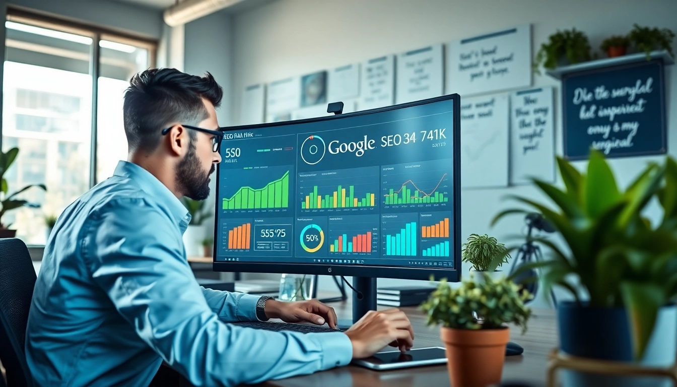 Visualize SEO Rank analysis with a professional marketer focused on metrics and charts in a modern workspace.