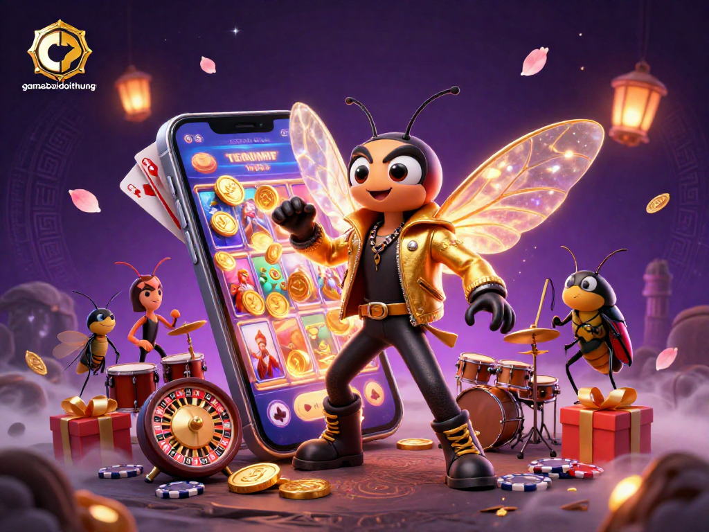 Engage with gamebaidoithuong's vibrant online casino scene featuring a cicada rock star amidst gaming elements.