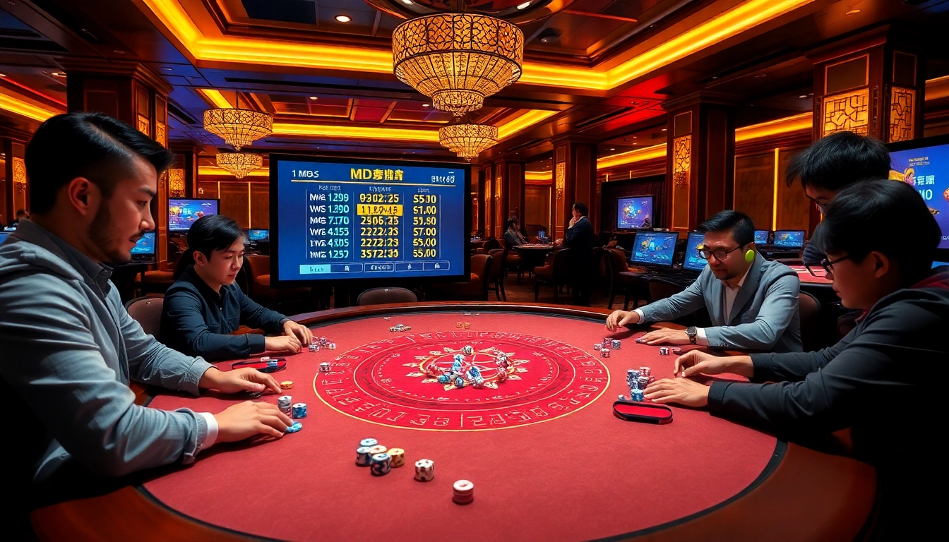 Players enjoying Tài Xỉu MD5, showcasing lively casino action with vibrant betting chips and digital results display.