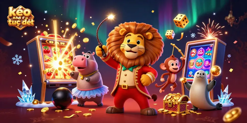 Experience the excitement of kèo nhà cái trực tiếp with a vibrant 3D circus scene showcasing a lion, hippo, monkey, and seal, amidst dazzling casino elements.
