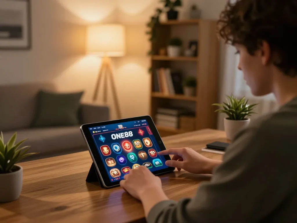 Engaged player enjoying the ONE88 online casino app in a cozy home setting