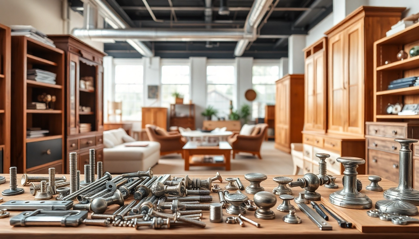 Showcase of a furniture hardware supplier displaying various quality components that enhance furniture design.