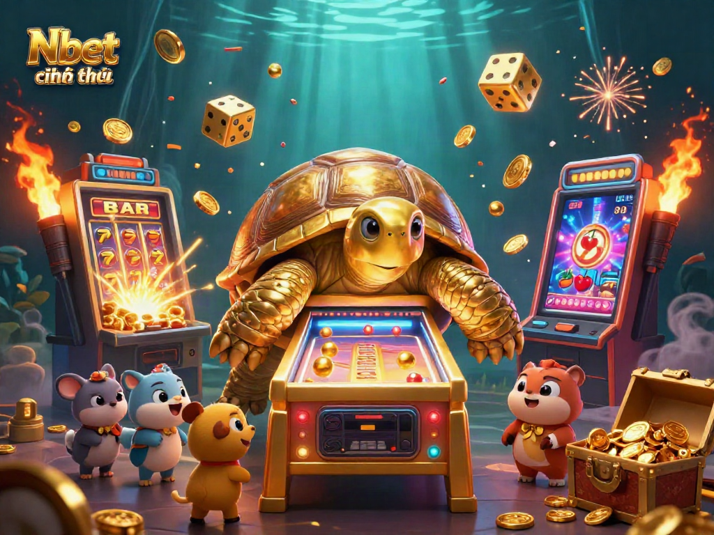Nbet chính thức showcases lively casino excitement with a golden tortoise, slot machine, and playful animals.