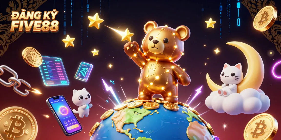 Engage with the thrilling world of ĐĂNG KÝ FIVE88, surrounded by cosmic bear and vibrant crypto elements.