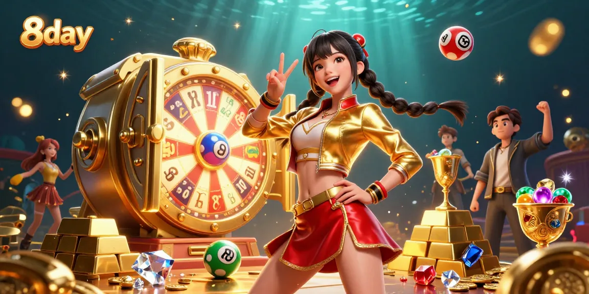 Experience the thrill of winning with 8day's vibrant casino illustration featuring engaging characters and dynamic elements.