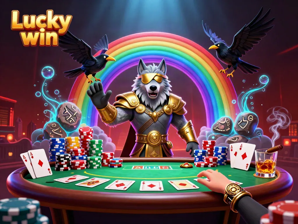 Engage in exciting gaming adventures with Lucky win at this illustrated casino scene.