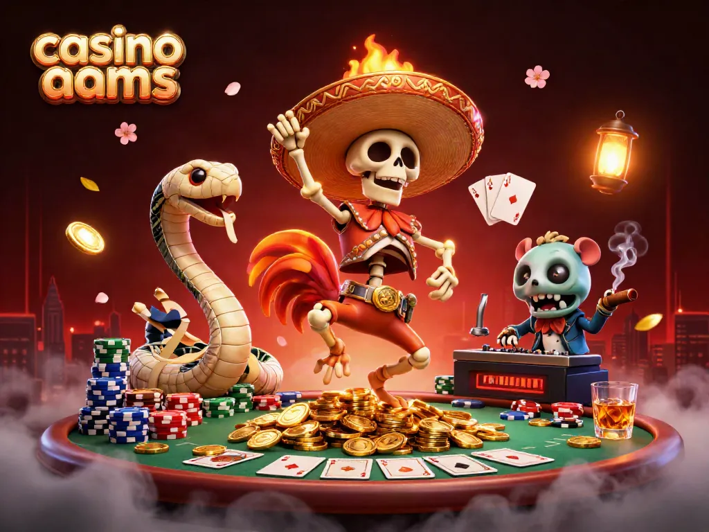 Il casinò non AAMS presenta un roostera mariachi che danza su oro circondato da elementi di poker.