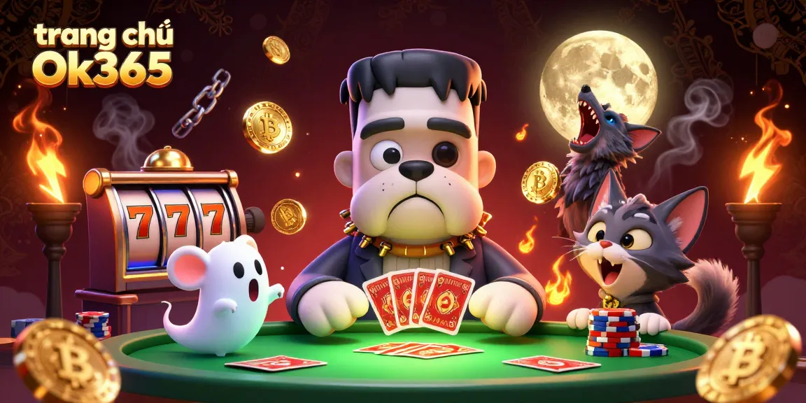 Engage in thrilling gameplay at trang chủ Ok365 with a cartoon bulldog dealer amidst vibrant casino elements and cryptocurrency.