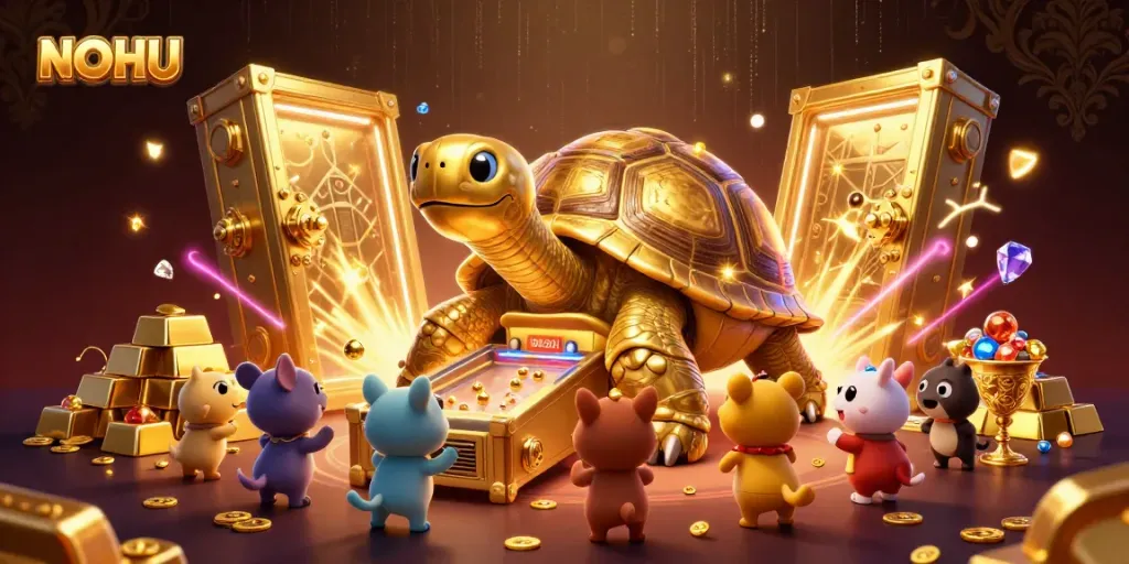 Experience thrilling gameplay at NOHU with 3D cartoon characters, golden treasures, and vibrant casino energy.