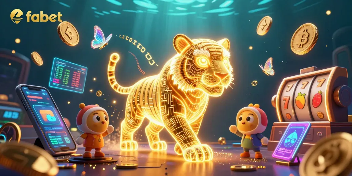 Experience fabet’s vibrant digital casino, featuring a golden tiger, crypto elements, and slot games in action.