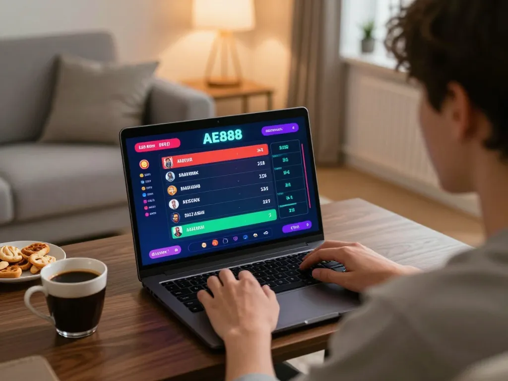 Engage in live betting on AE888 while enjoying a comfortable home setting, featuring a player with a laptop.