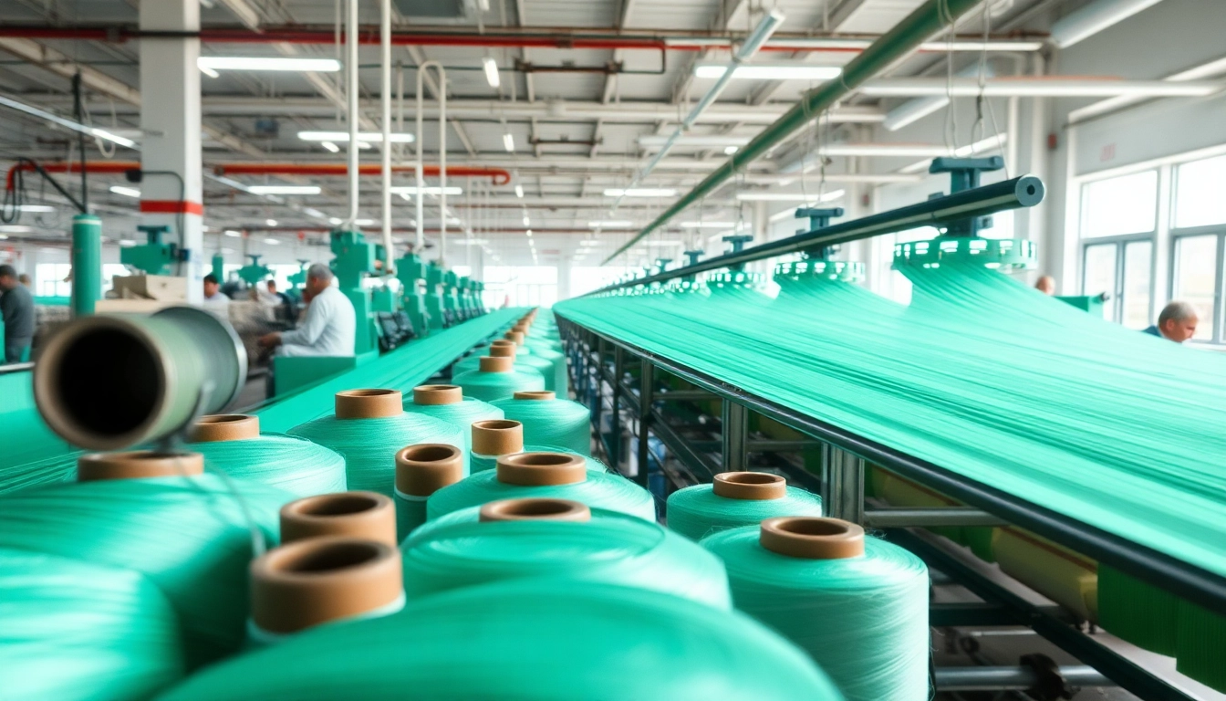Viscose fabric production featuring colorful threads and weaving machines in a factory.