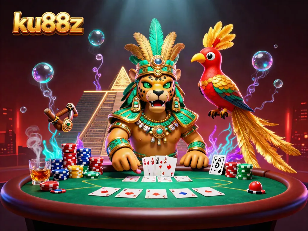ku88z dynamic casino scene with Mayan jaguar priest, vibrant poker elements, ultra-detailed art.