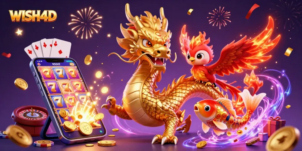 Experience WISH4D's thrilling gameplay with a golden dragon amidst slots and festive symbols.