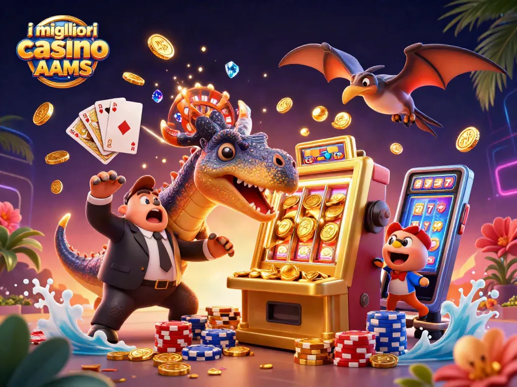 I migliori casino non AAMS in un'illustrazione 3D dinamica con un pachycephalosaurus e una macchina da gioco.