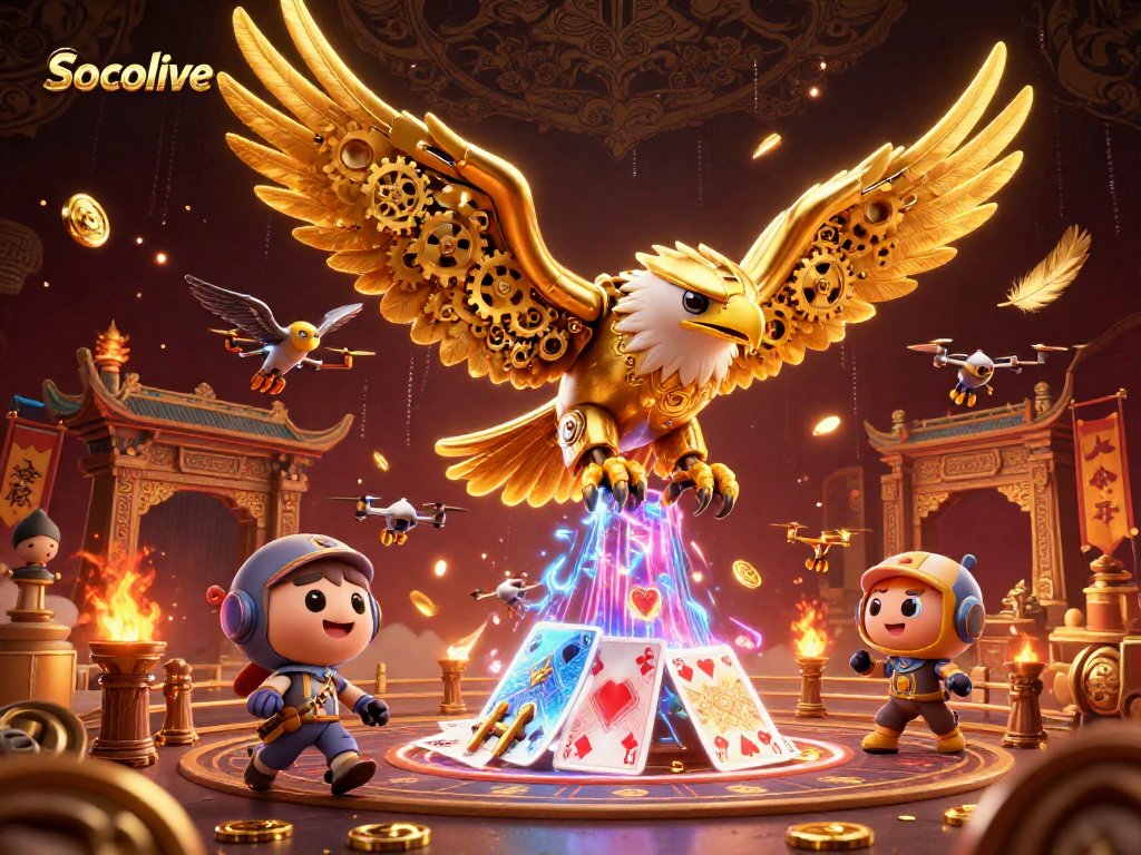 Socolive showcases a 3D eagle and holographic cards in a vibrant casino scene.