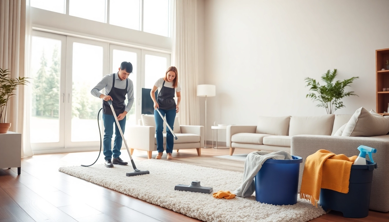 Professional cleaning services calgary team diligently cleaning a bright living room.
