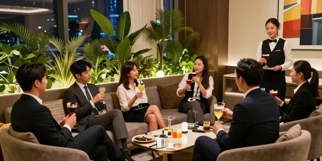 강남 타이밍의 고급스러운 라운지에서 모임을 즐기는 모습
