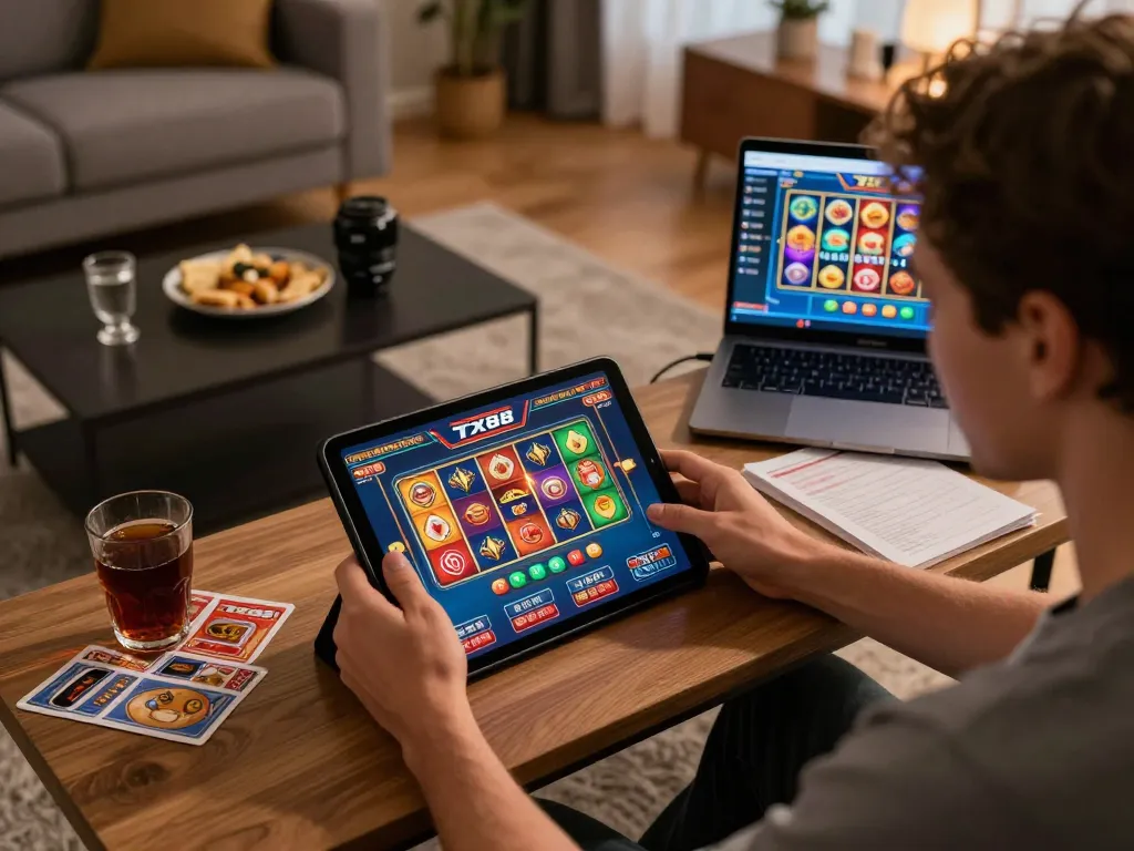Player engaging on TX88 platform during a cozy online gambling session at home.